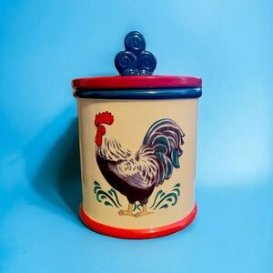 Rooster Canister / Cookie Jar with Lid ~ Ivory Red Blue ~5.5” Tall Plus Lid